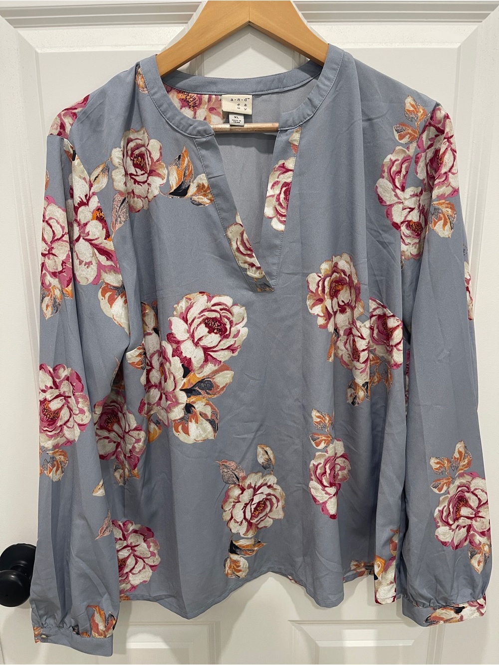 a new day Dusty Blue Floral Split-Neck Blouse